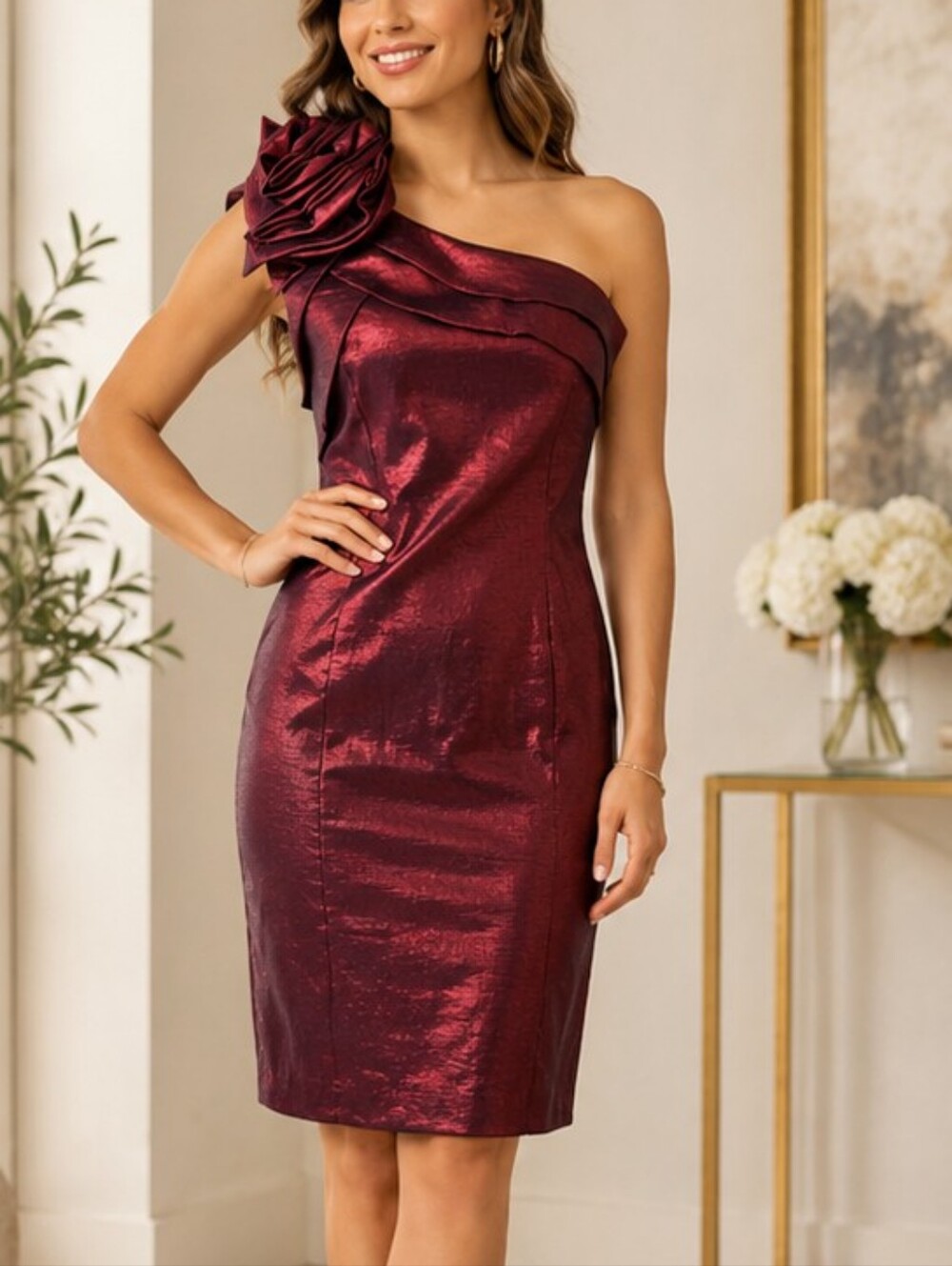 Mandee One-Shoulder Rosette Cocktail Dress Size Large Burgundy Metallic NWT